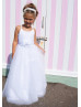 White Pleated Tulle Pearl Flower Girl Dress